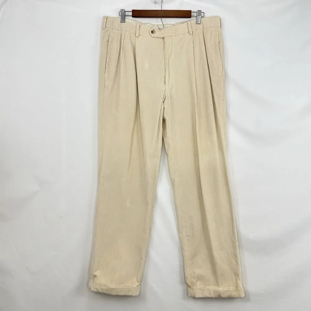 VTG Jos. A. Bank Mens Pants Beige Corduroy Straight Cuffed Pleat Chinos Size 35 - Picture 2 of 15